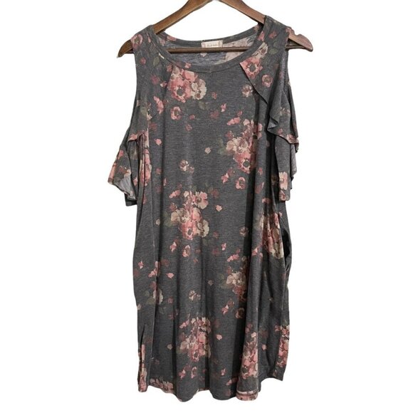 Altar'd State Womens Gray Floral Ruffle Cold Shoulder T-Shirt Mini Dress Large - Picture 1 of 5